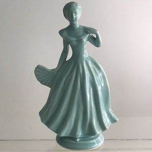 Victorian Style Mid Century Green Ceramic Lady With A Fan Figurine